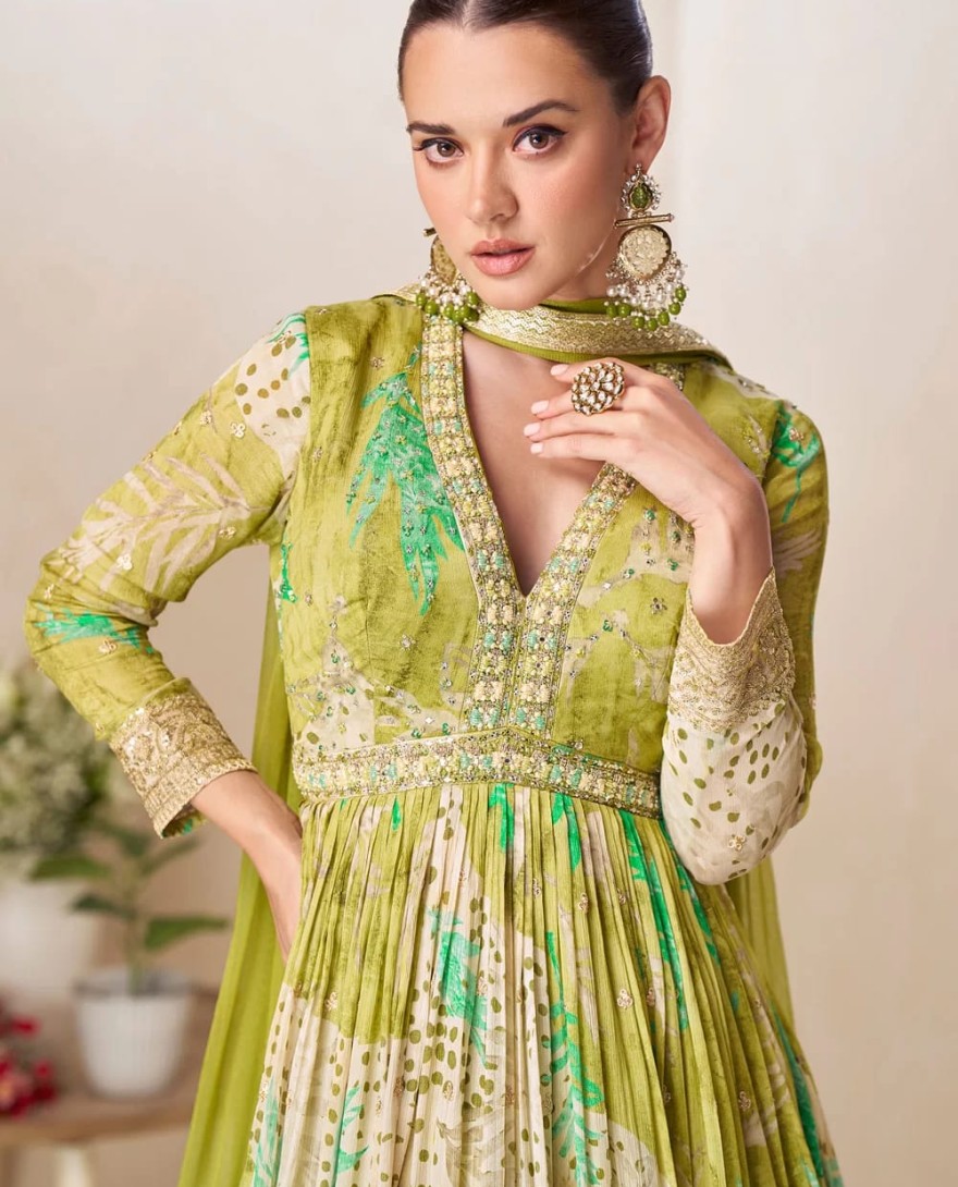 GREEN - Floral Green Chinon Designer Gown