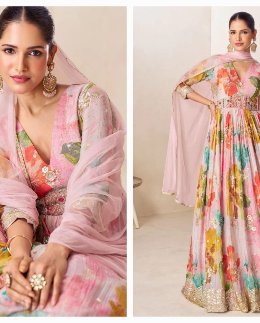 LIGHTPINK - Pink Chinon Designer Gown with Digital Print and Embroidered Work