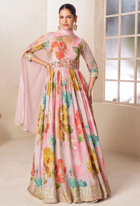 Pink Chinon Designer Gown with Digital Print and Embroidered Work