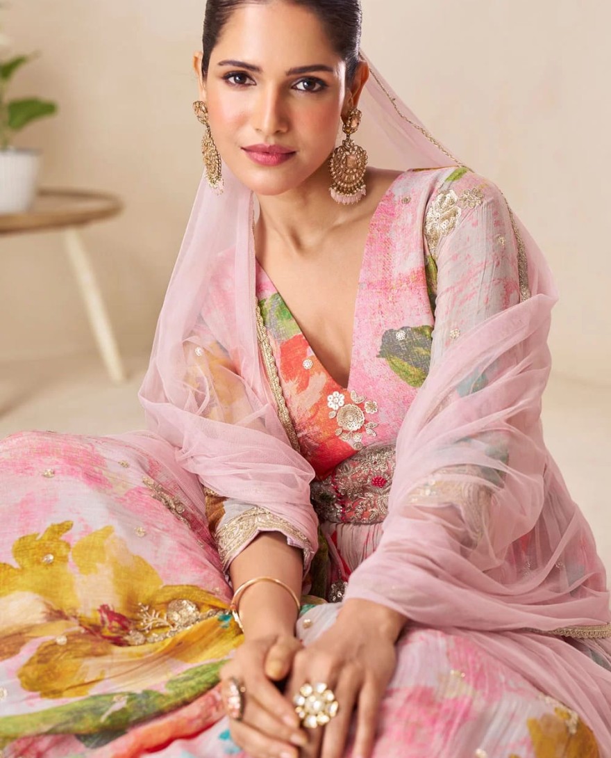 LIGHTPINK - Pink Chinon Designer Gown with Digital Print and Embroidered Work