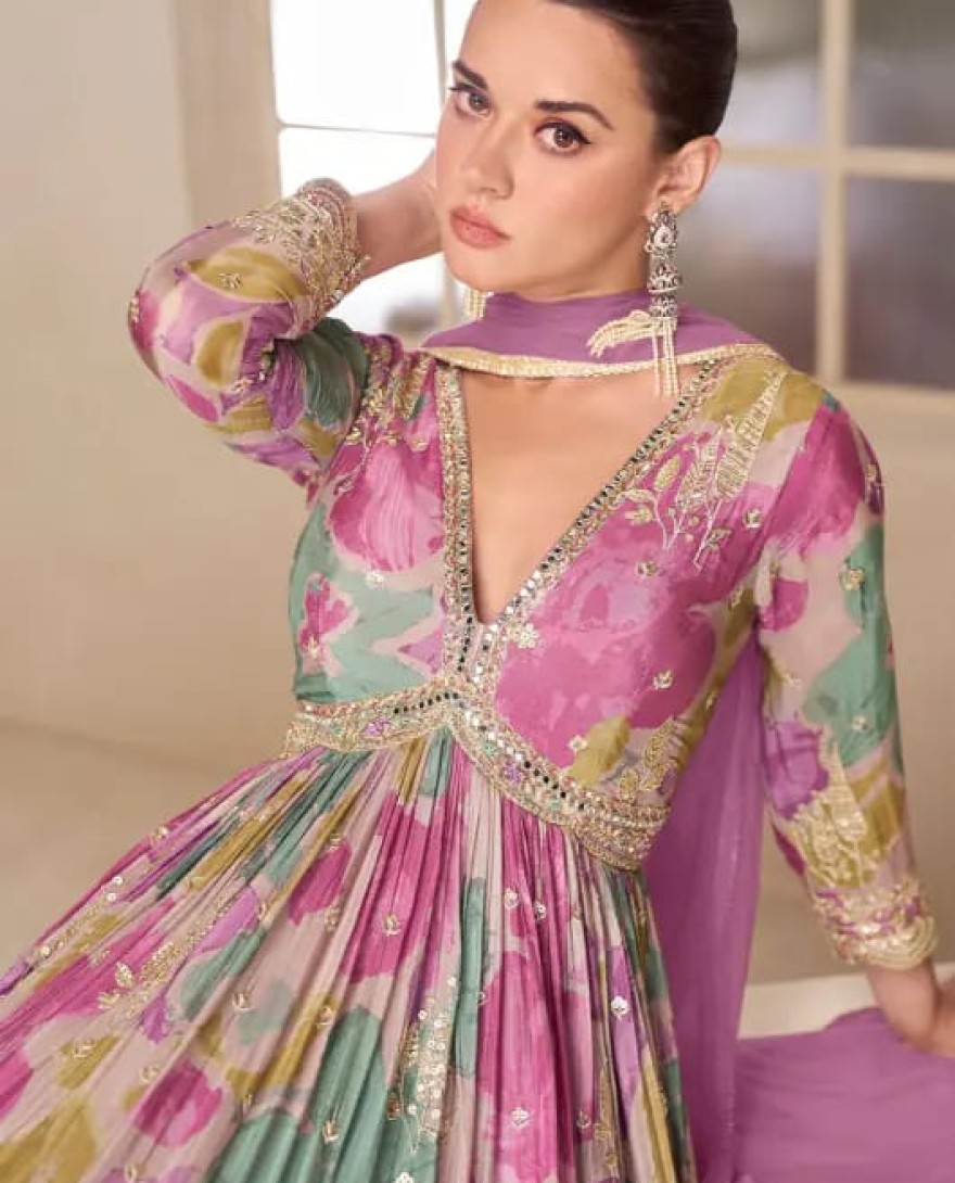 PURPLE - Multicolor Embroidered Chinnon Gown with Net Dupatta
