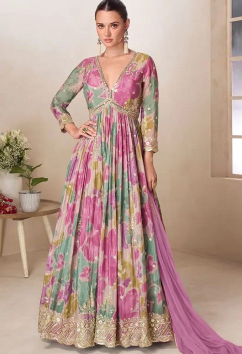 Multicolor Embroidered Chinnon Gown with Net Dupatta