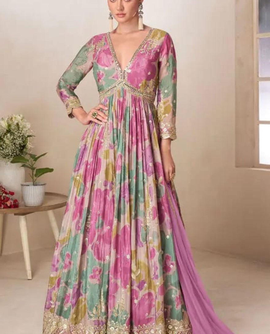 PURPLE - Multicolor Embroidered Chinnon Gown with Net Dupatta