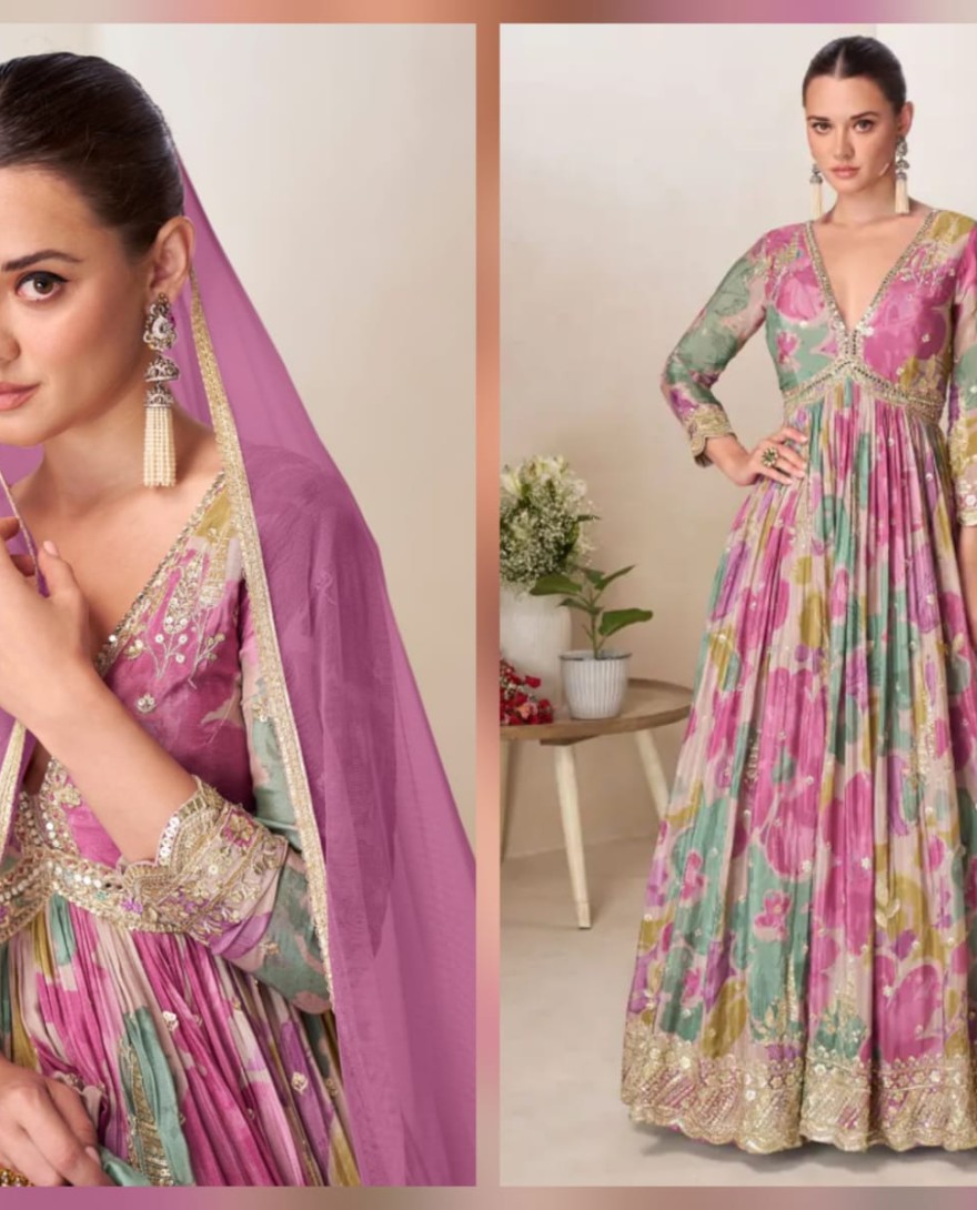 PURPLE - Multicolor Embroidered Chinnon Gown with Net Dupatta