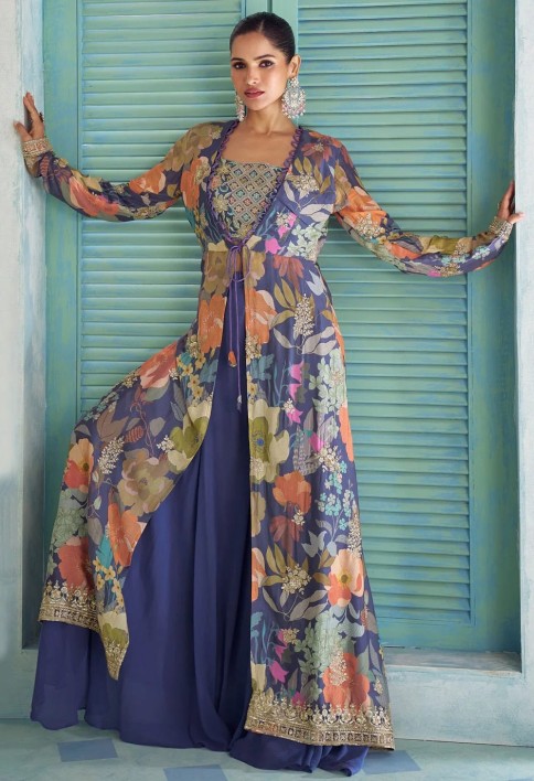 Digital Print and Embroidered Work Chinon Readymade Salwar Suit In Blue for Ceremonial