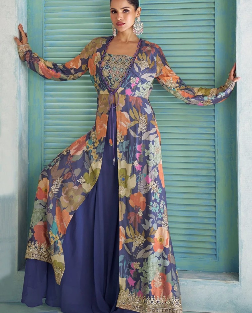 BLUE - Digital Print and Embroidered Work Chinon Readymade Salwar Suit In Blue for Ceremonial