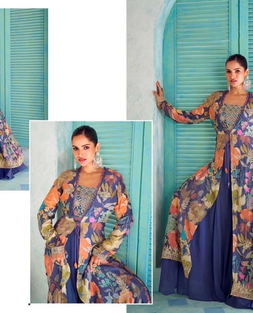 BLUE - Digital Print and Embroidered Work Chinon Readymade Salwar Suit In Blue for Ceremonial