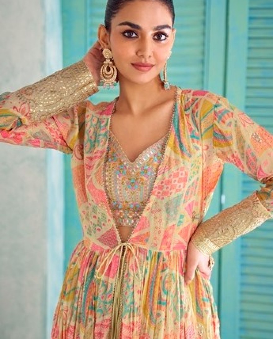 BROWN - Dainty Beige Embroidered Chinon Salwar Kameez