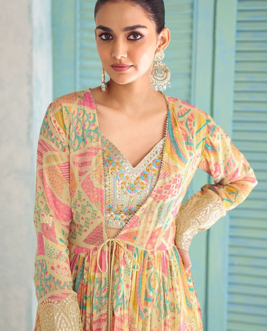 BROWN - Dainty Beige Embroidered Chinon Salwar Kameez