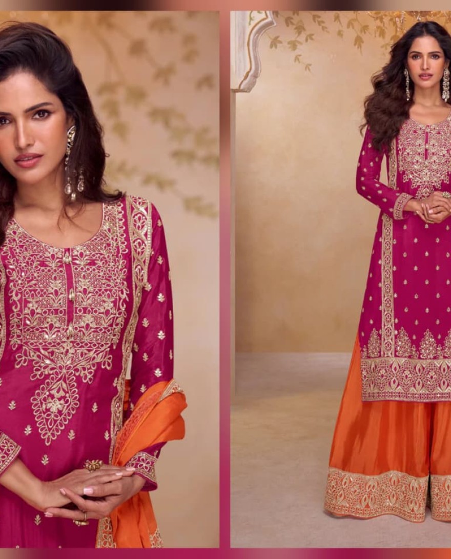 ORANGE - Pink & Orange Real Chinnon Embroidered Palazzo Suit