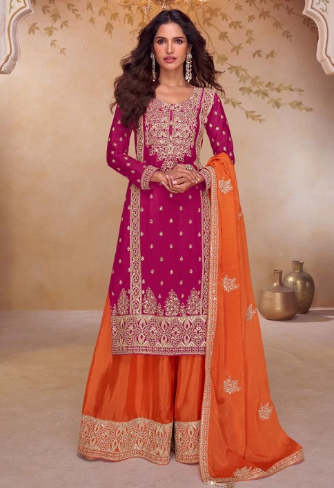 Pink & Orange Real Chinnon Embroidered Palazzo Suit