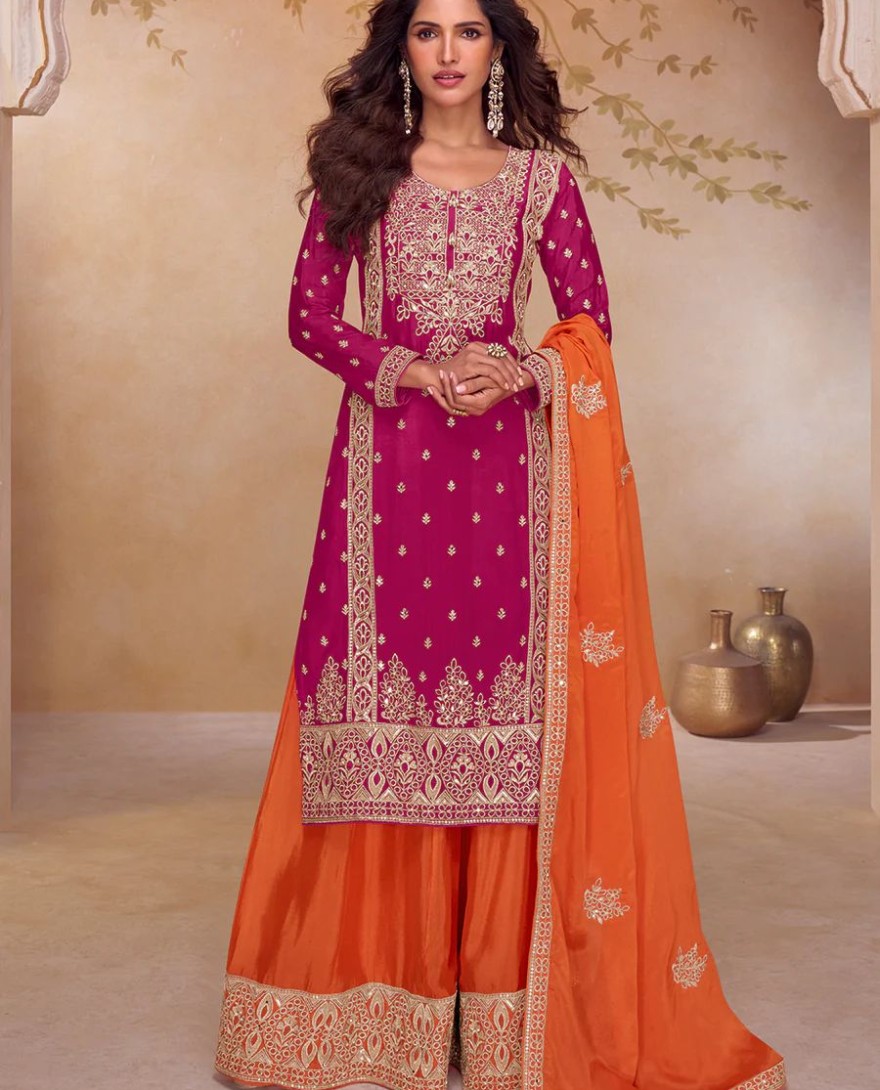 ORANGE - Pink & Orange Real Chinnon Embroidered Palazzo Suit