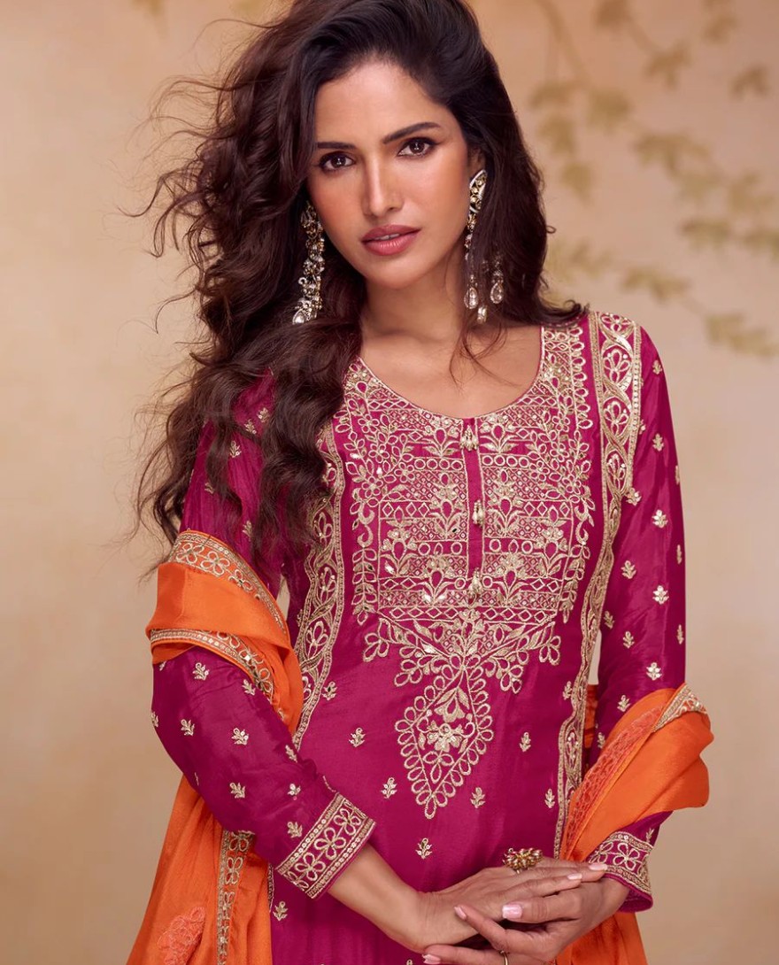 ORANGE - Pink & Orange Real Chinnon Embroidered Palazzo Suit