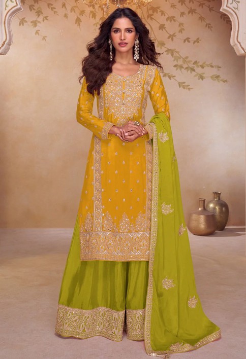Yellow & Green Real Chinnon Embroidered Palazzo Suit