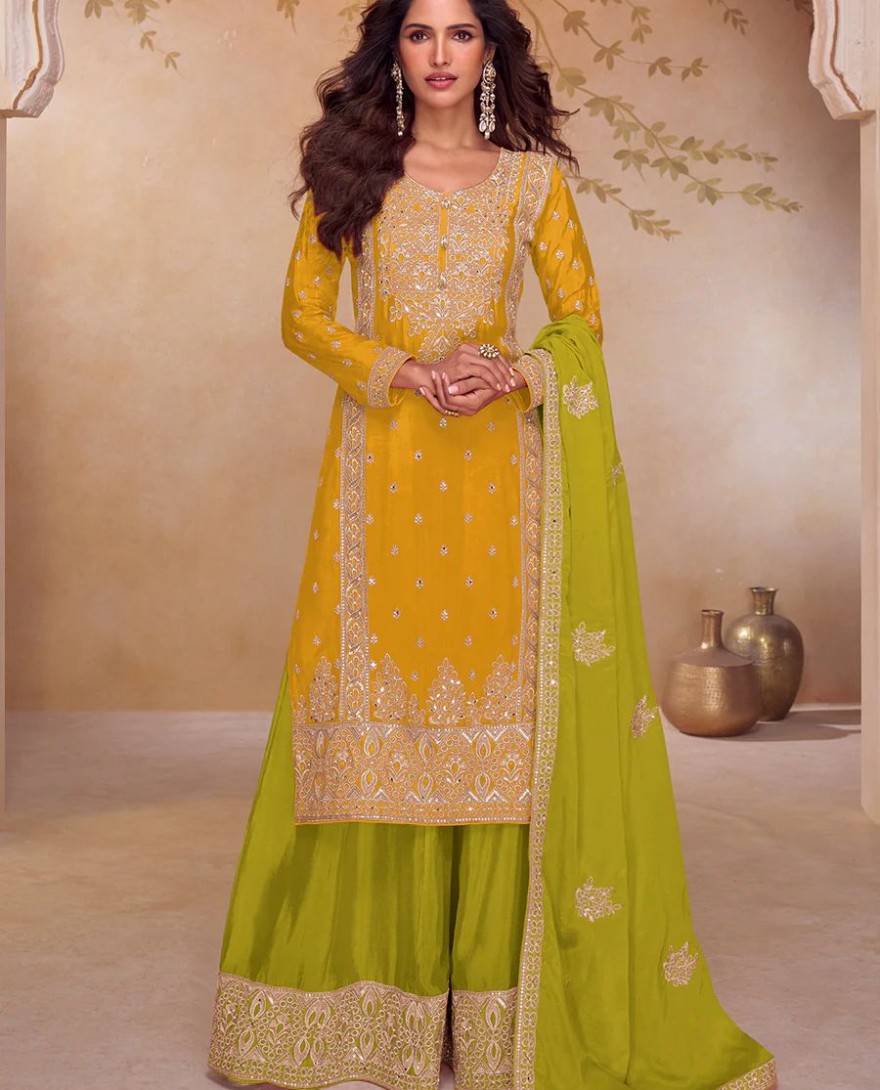 YELLOW - Yellow & Green Real Chinnon Embroidered Palazzo Suit