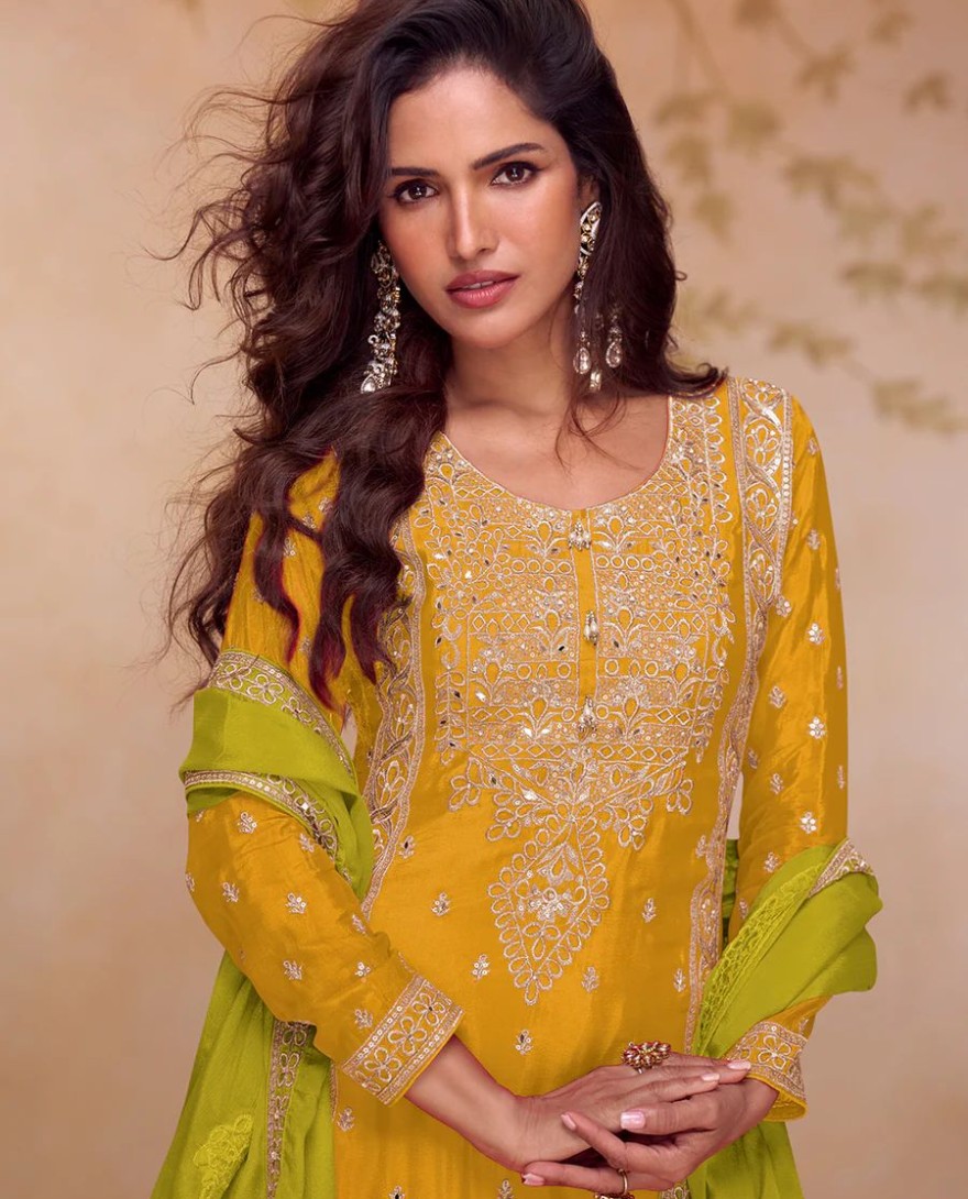 YELLOW - Yellow & Green Real Chinnon Embroidered Palazzo Suit