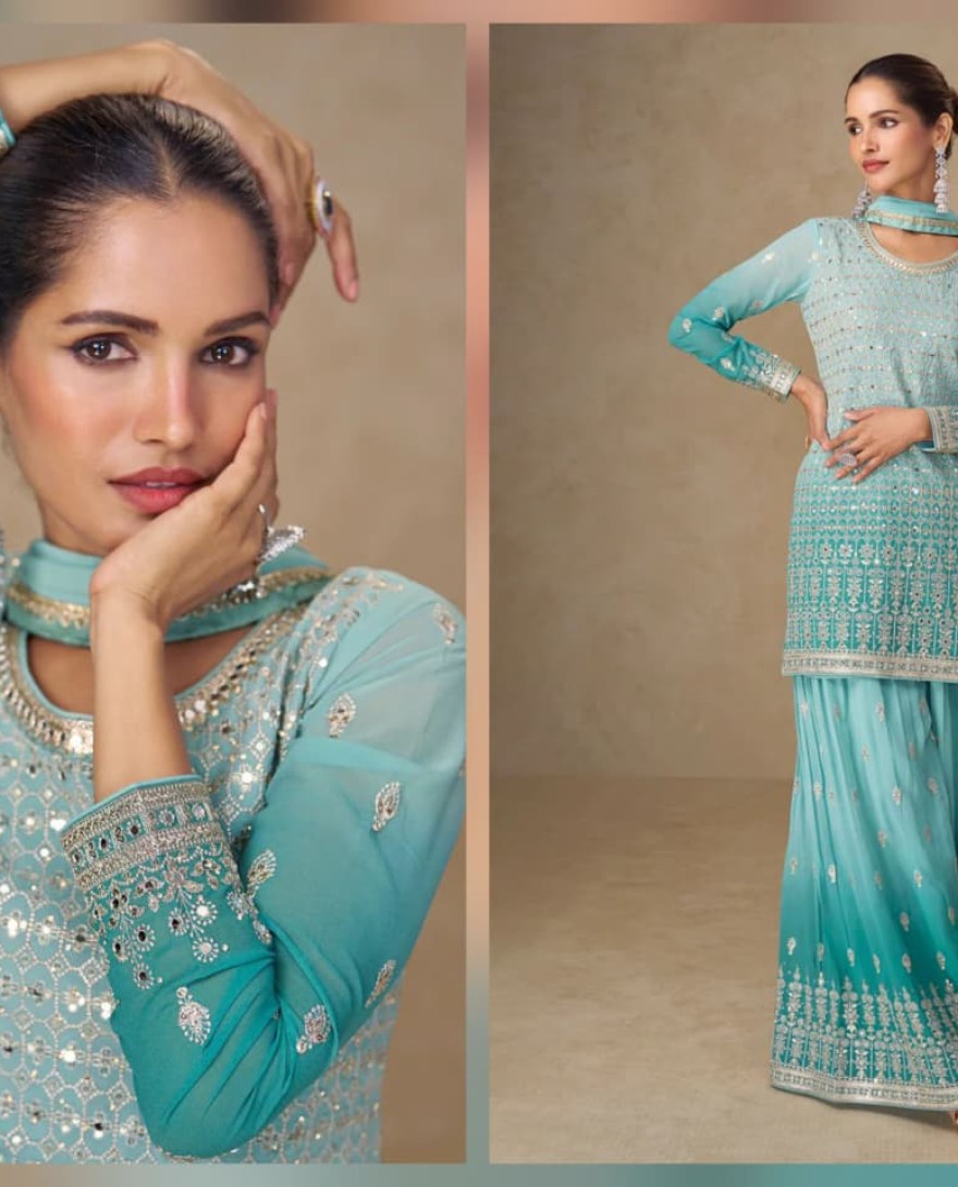 BLUE - Ombre Aqua Mirror Handwork Georgette Palazzo Suit