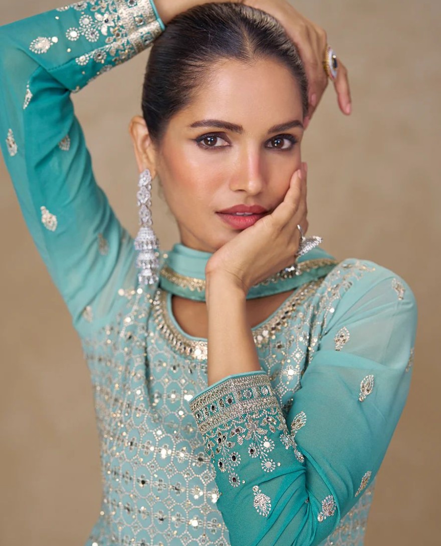 BLUE - Ombre Aqua Mirror Handwork Georgette Palazzo Suit