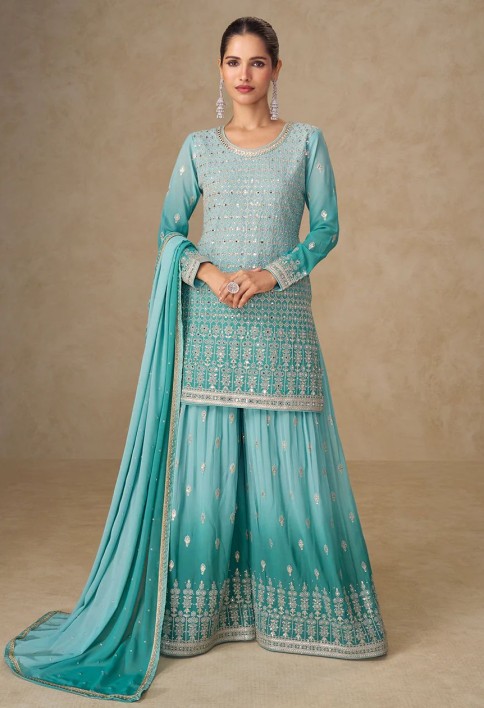 Ombre Aqua Mirror Handwork Georgette Palazzo Suit