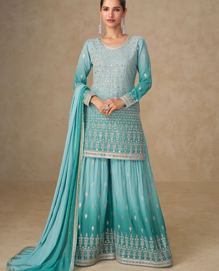 BLUE - Ombre Aqua Mirror Handwork Georgette Palazzo Suit