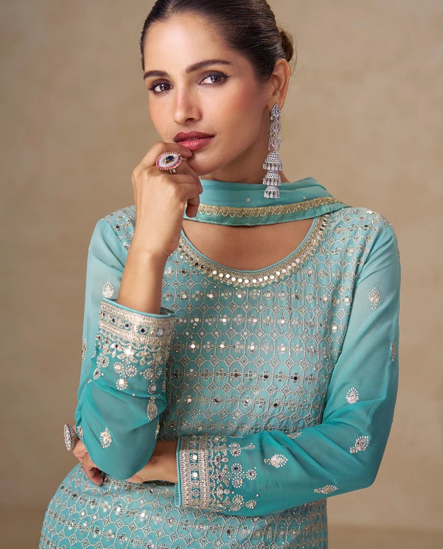 BLUE - Ombre Aqua Mirror Handwork Georgette Palazzo Suit