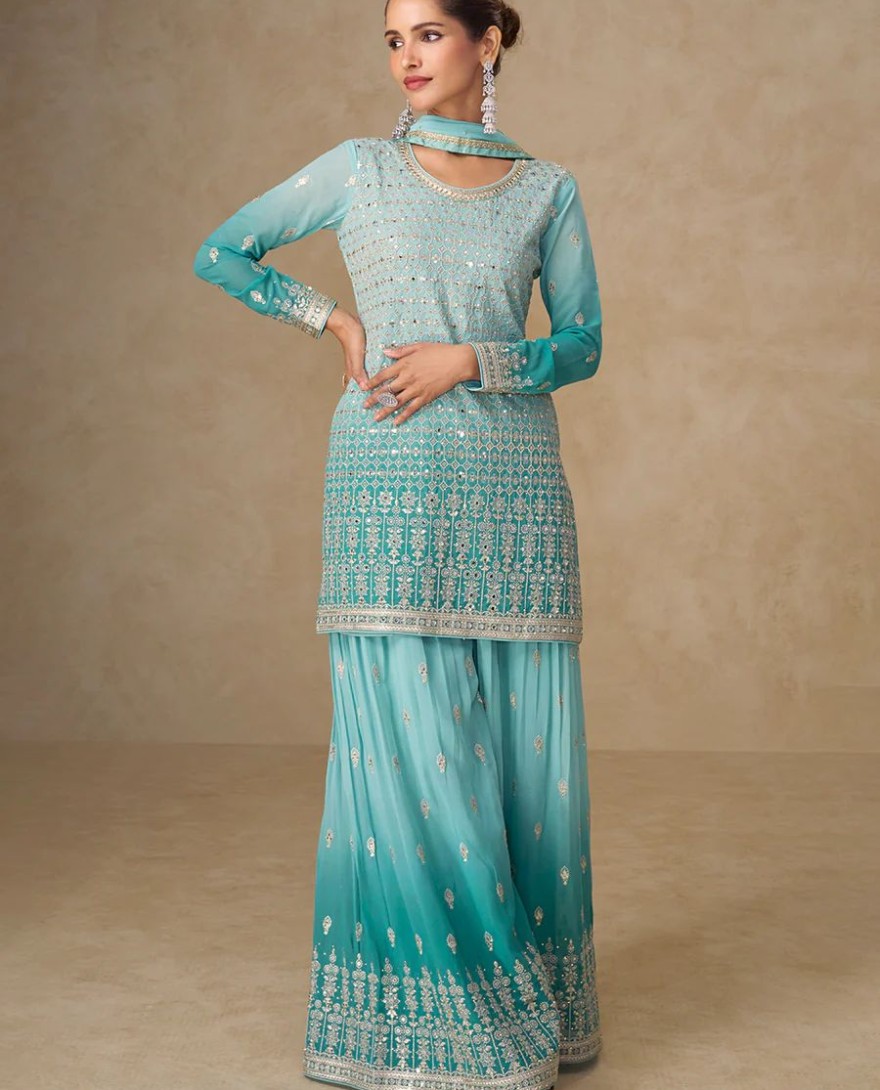 BLUE - Ombre Aqua Mirror Handwork Georgette Palazzo Suit