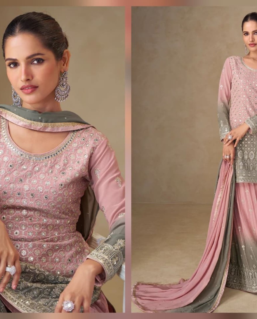 PINK - Pink & Grey Mirror Handwork Georgette Palazzo Suit