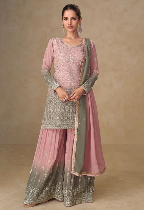 Pink & Grey Mirror Handwork Georgette Palazzo Suit