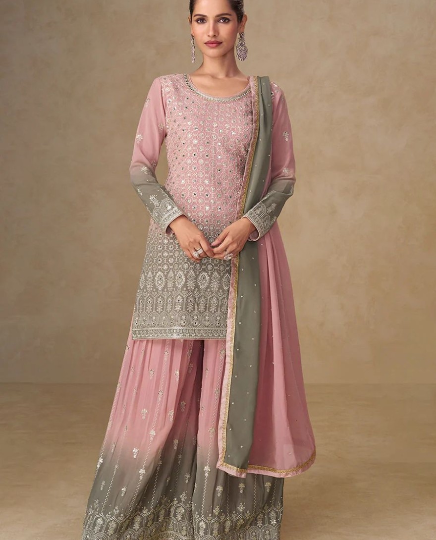 PINK - Pink & Grey Mirror Handwork Georgette Palazzo Suit