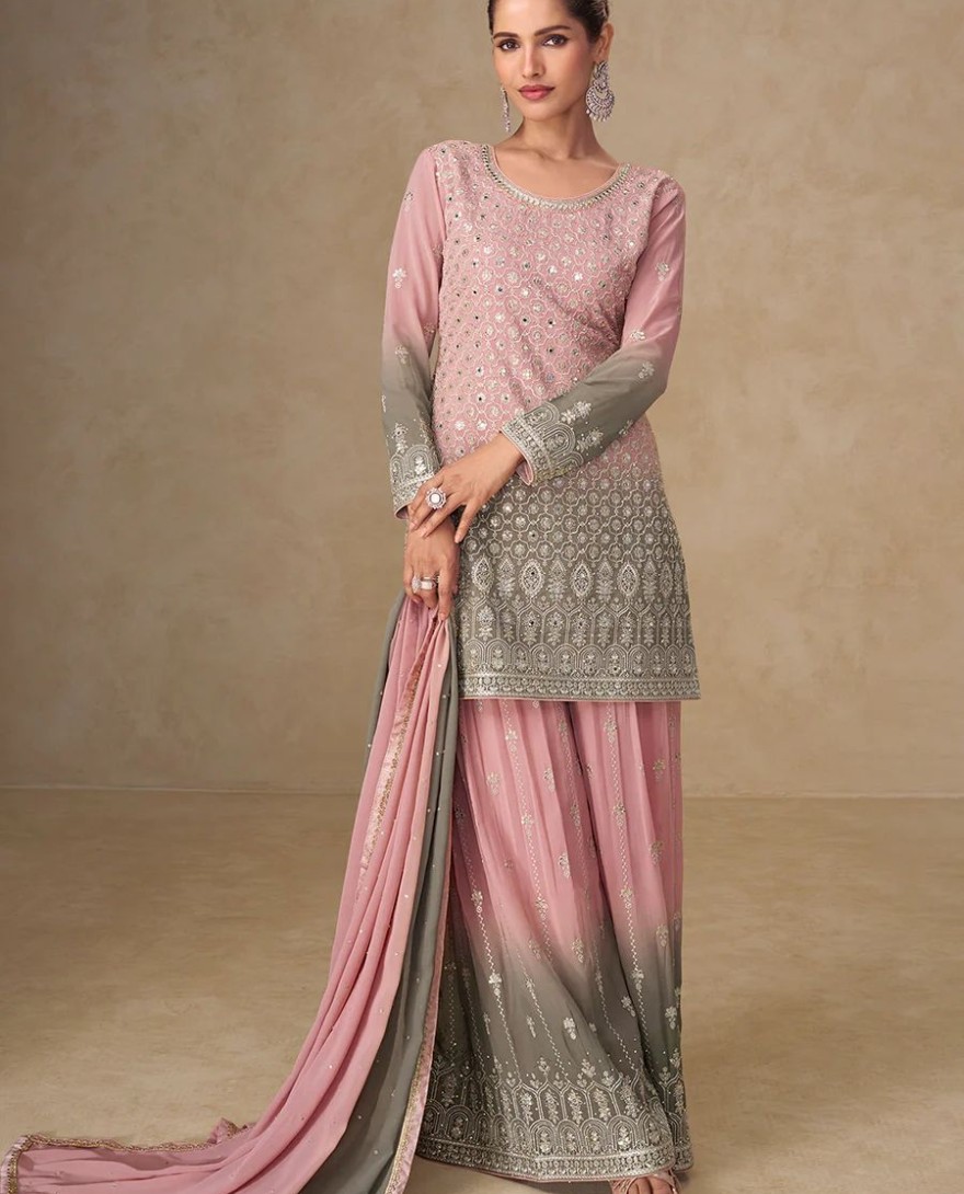 PINK - Pink & Grey Mirror Handwork Georgette Palazzo Suit