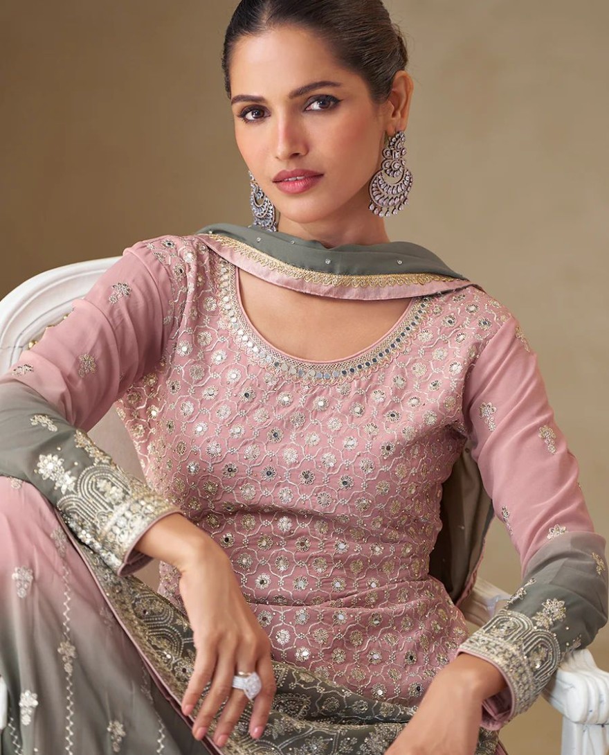PINK - Pink & Grey Mirror Handwork Georgette Palazzo Suit