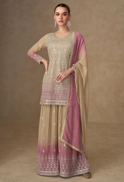 Beige & Pink Mirror Handwork Georgette Palazzo Suit