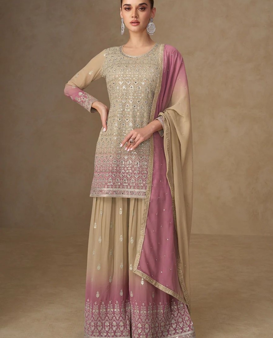 PURPLE - Beige & Pink Mirror Handwork Georgette Palazzo Suit