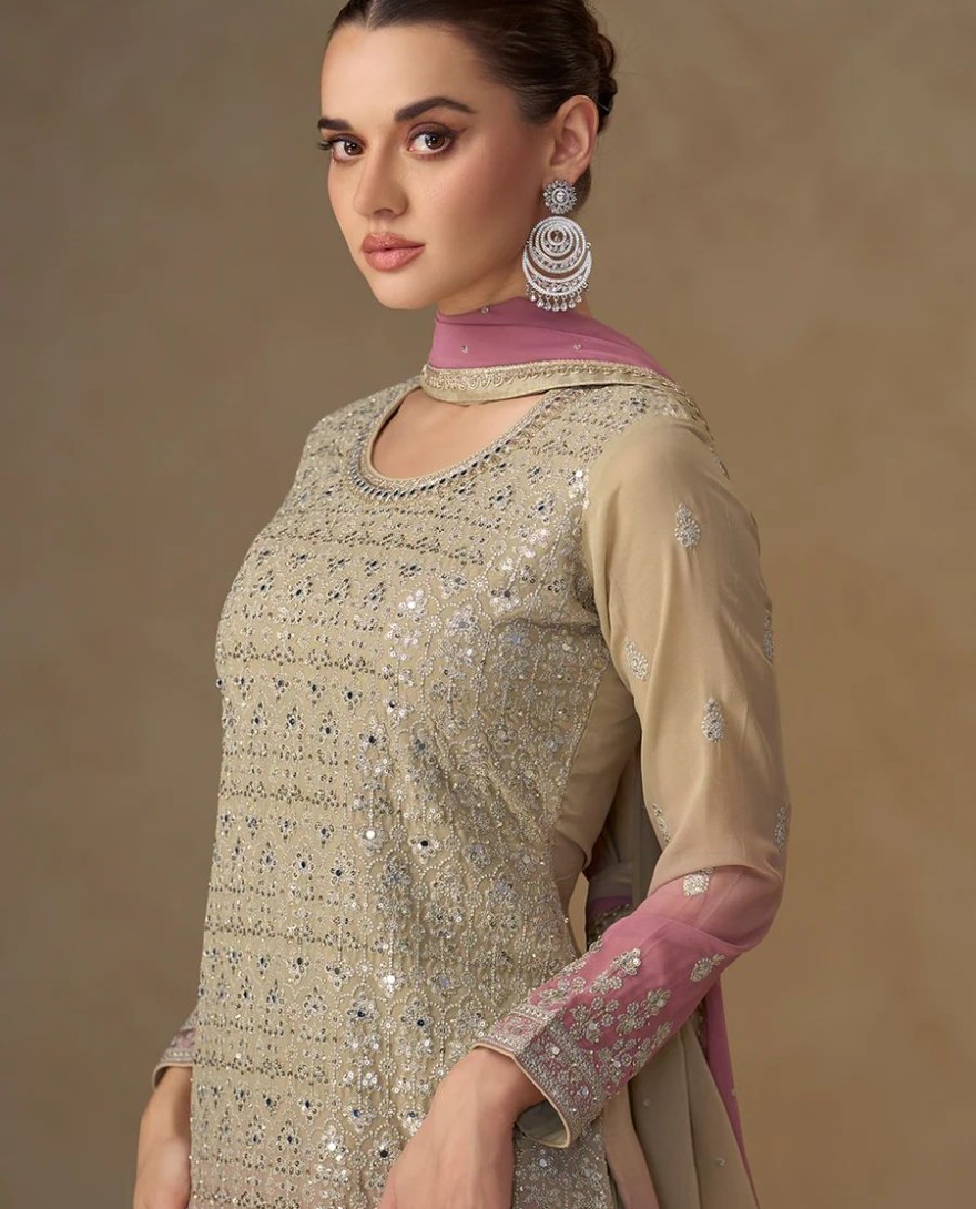 PURPLE - Beige & Pink Mirror Handwork Georgette Palazzo Suit