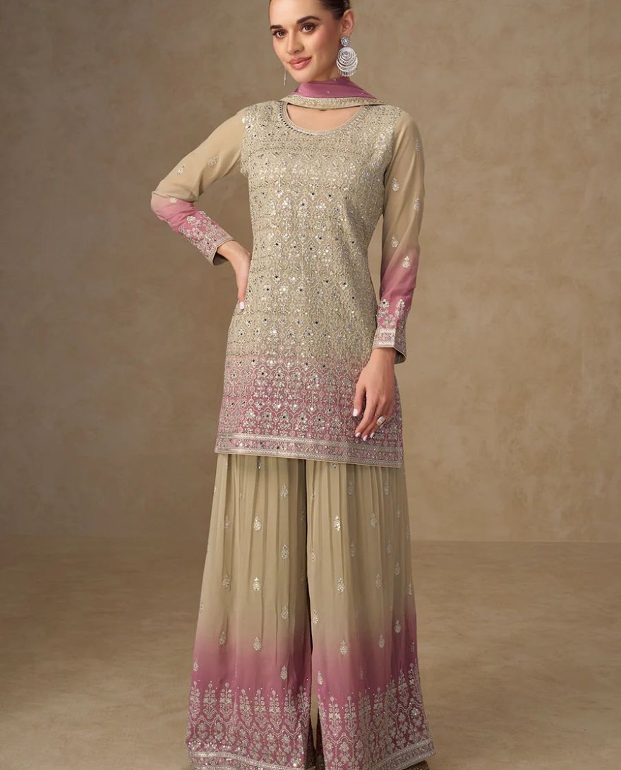 PURPLE - Beige & Pink Mirror Handwork Georgette Palazzo Suit