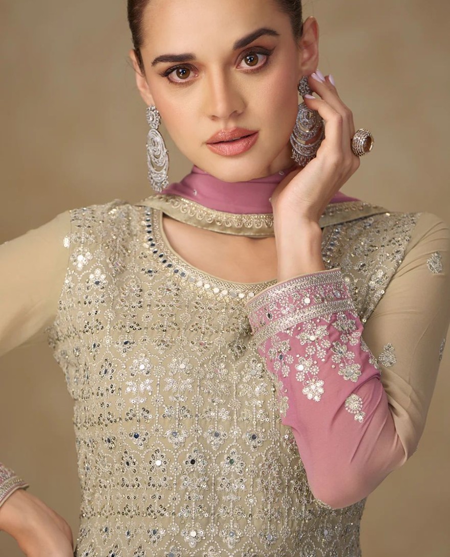 PURPLE - Beige & Pink Mirror Handwork Georgette Palazzo Suit