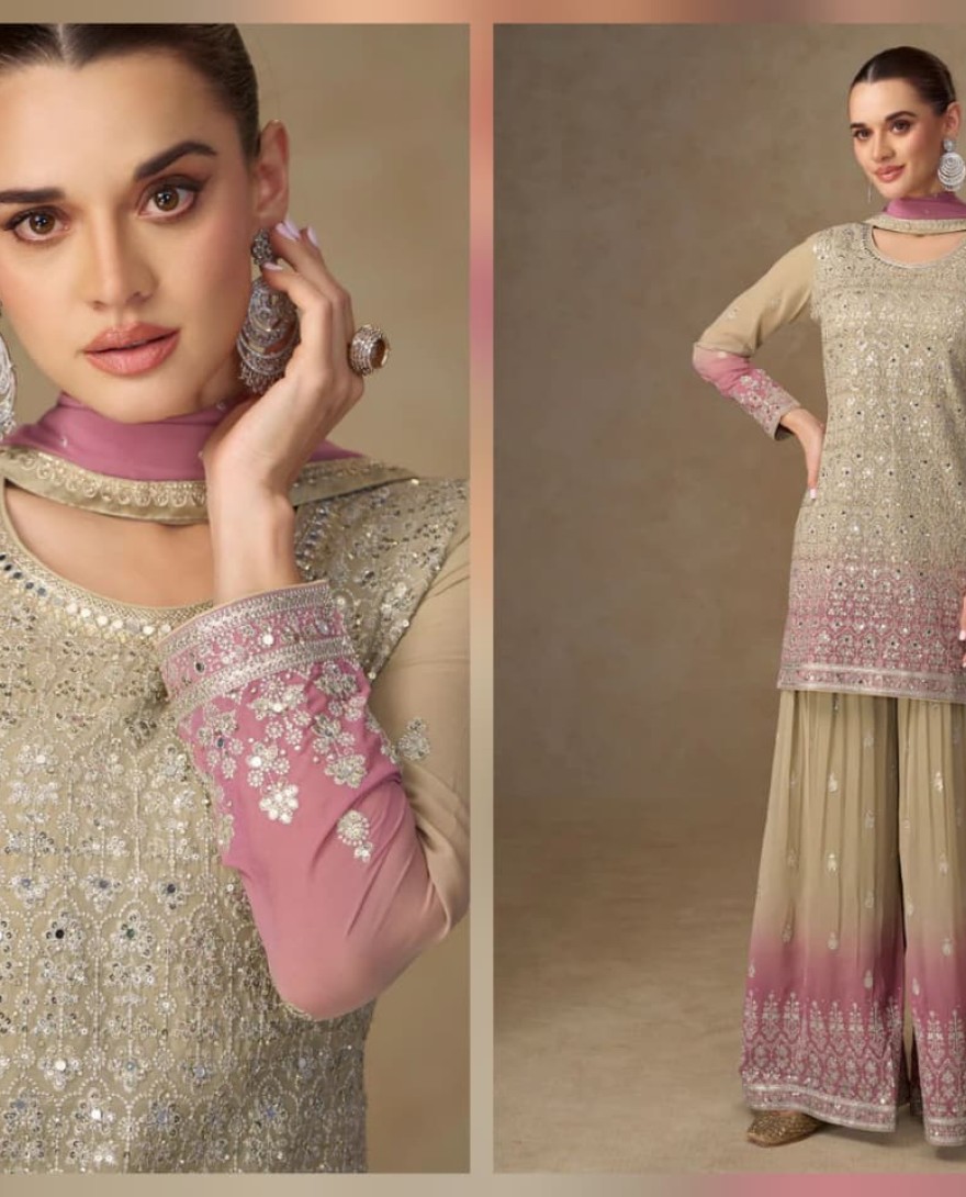 PURPLE - Beige & Pink Mirror Handwork Georgette Palazzo Suit