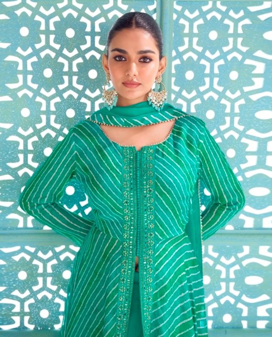 GREEN - Rama Green Leheriya Print Chinnon Palazzo Kameez