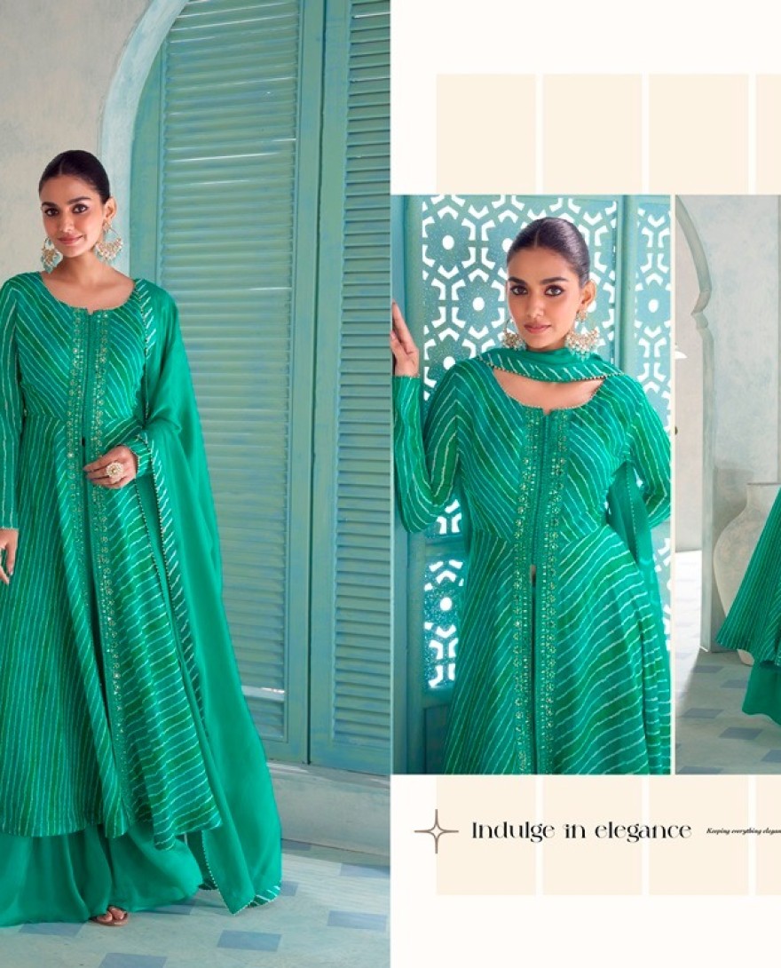 GREEN - Rama Green Leheriya Print Chinnon Palazzo Kameez