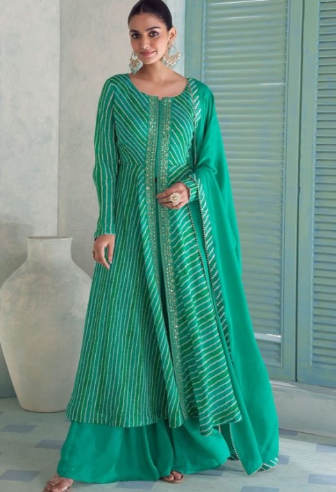 Rama Green Leheriya Print Chinnon Palazzo Kameez