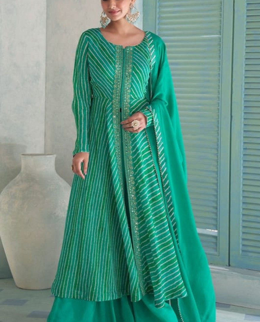GREEN - Rama Green Leheriya Print Chinnon Palazzo Kameez