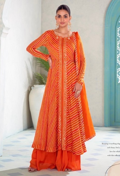 Tangy Orange Leheriya Print Chinnon Palazzo Kameez