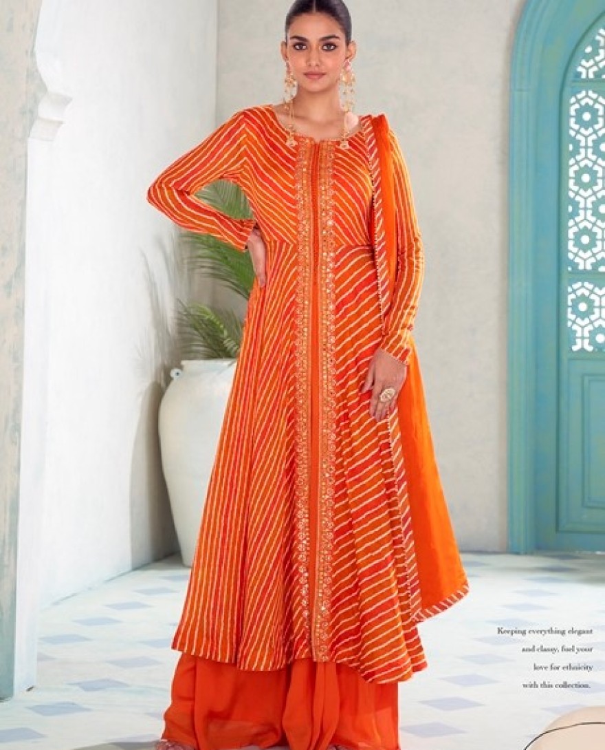 ORANGE - Tangy Orange Leheriya Print Chinnon Palazzo Kameez