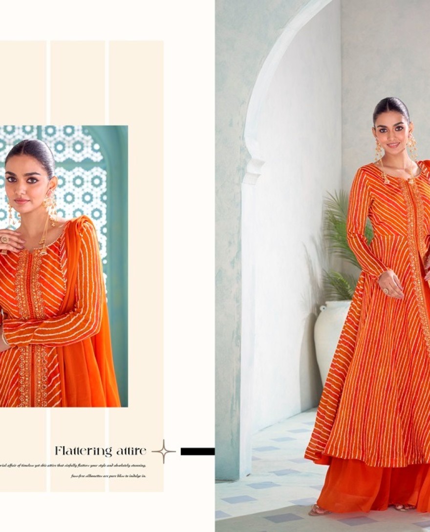 ORANGE - Tangy Orange Leheriya Print Chinnon Palazzo Kameez