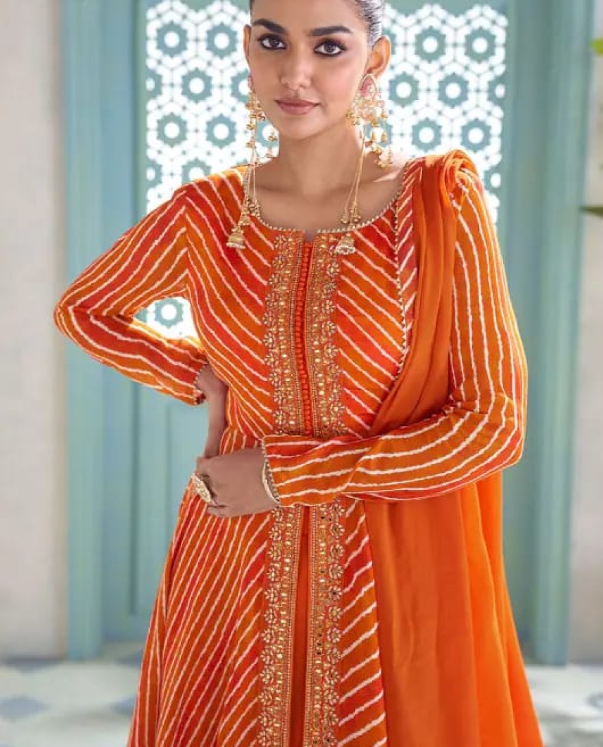 ORANGE - Tangy Orange Leheriya Print Chinnon Palazzo Kameez