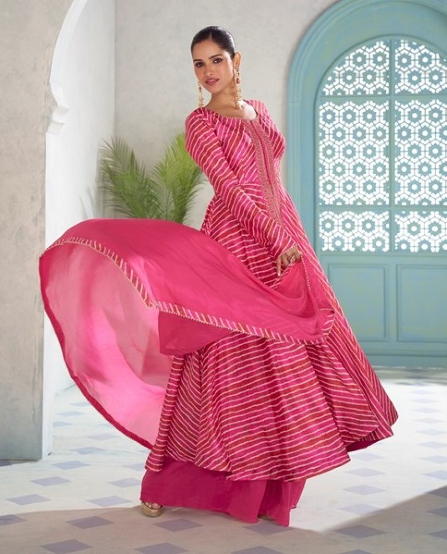 PINK - Rani Pink Leheriya Print Chinnon Palazzo Kameez
