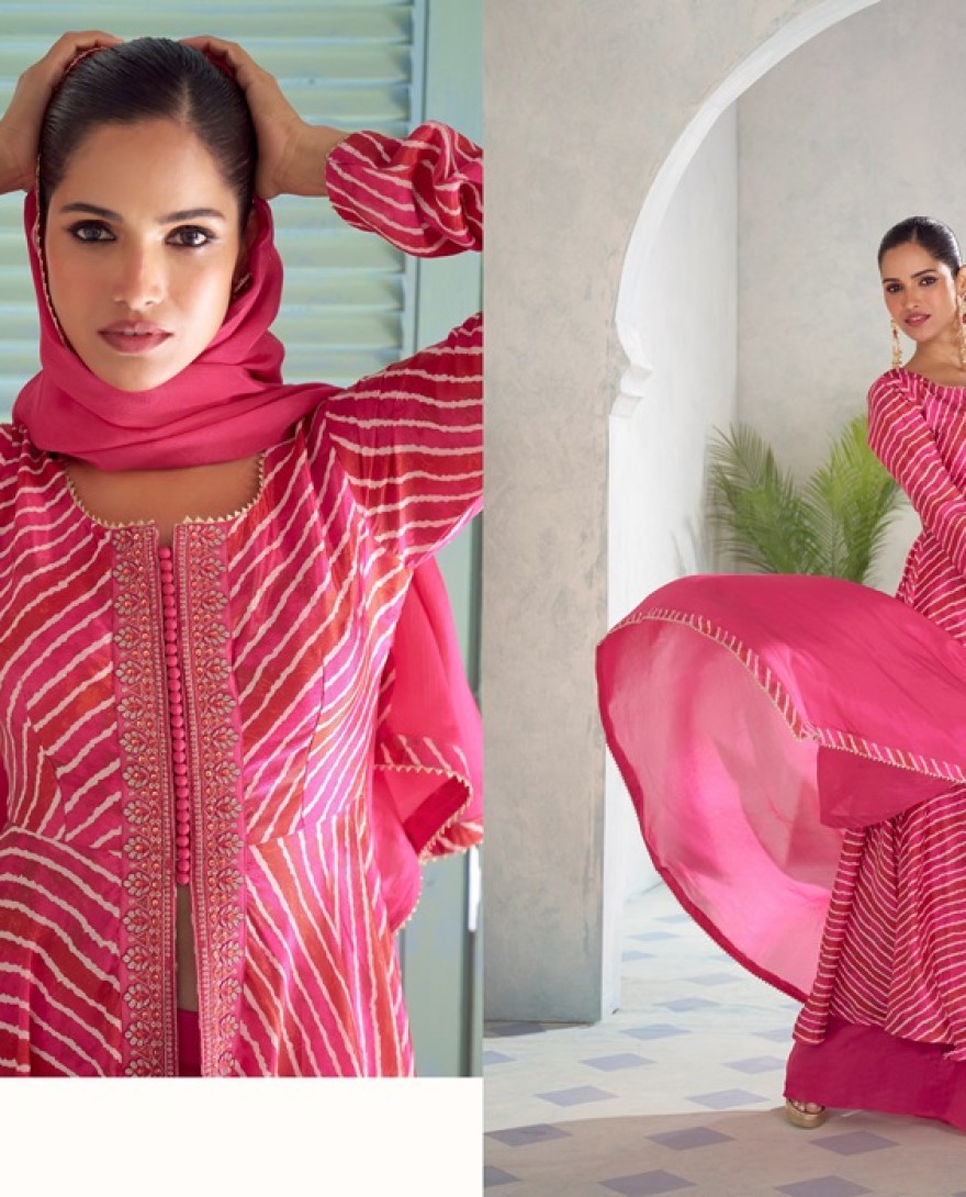 PINK - Rani Pink Leheriya Print Chinnon Palazzo Kameez