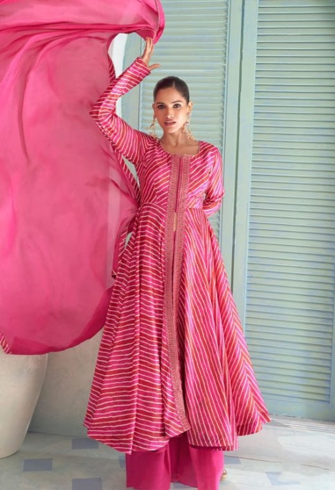 Rani Pink Leheriya Print Chinnon Palazzo Kameez
