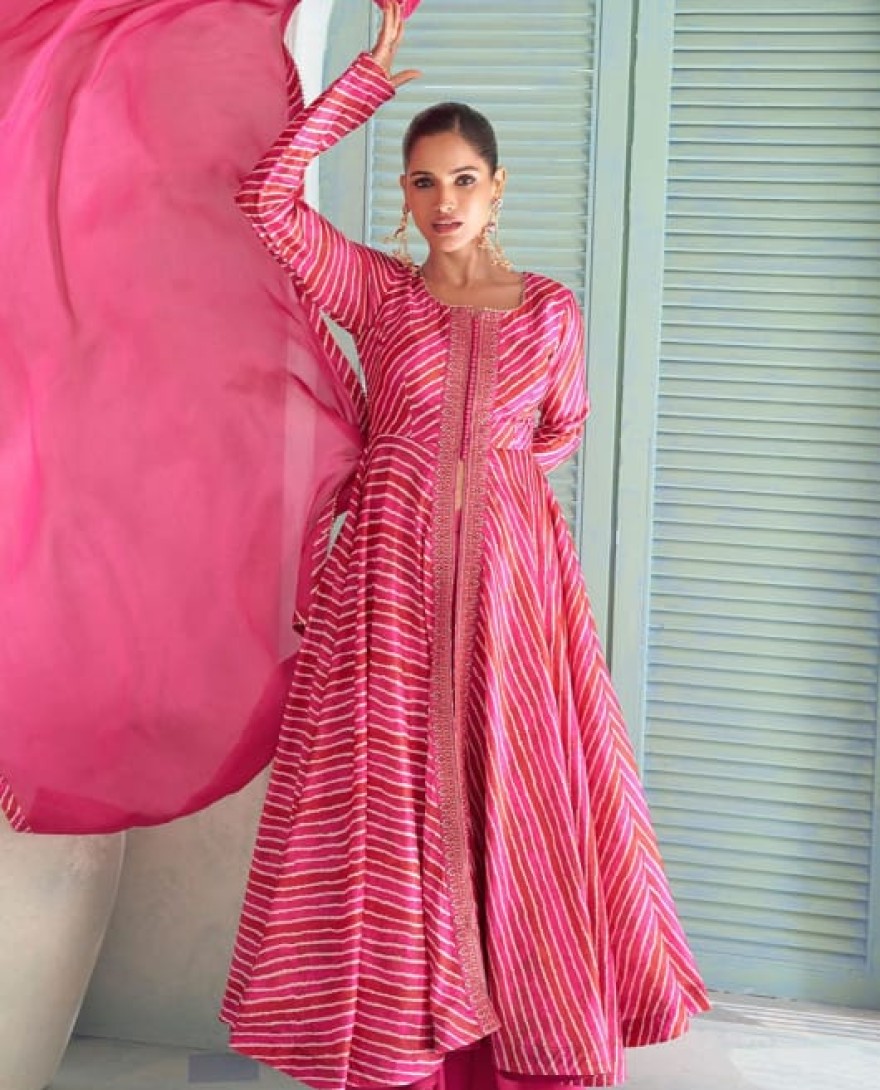 PINK - Rani Pink Leheriya Print Chinnon Palazzo Kameez