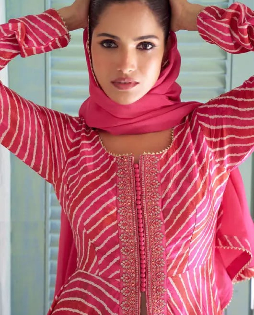 PINK - Rani Pink Leheriya Print Chinnon Palazzo Kameez